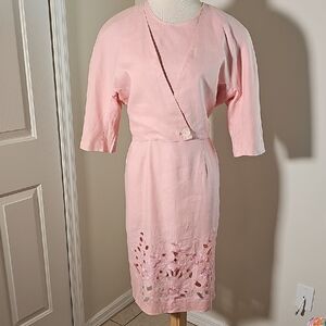 Vintage Linen Elegant Pink Women's Dress With Jacket. 1950, 1960. Size 12